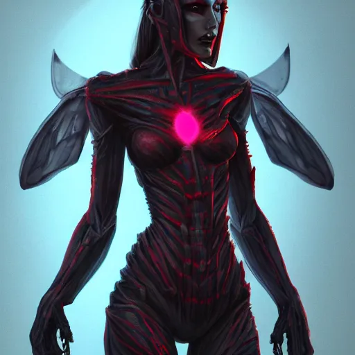 Image similar to hot humanoid insect woman, toned build, wearing armor, large mosquito wings, evil smile and glowing eyes, burning world, dark art, digital art, artstation, concept art, 4 k, 8 k