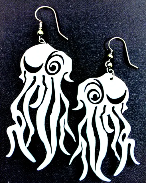 Image similar to tim burton spooky cthulhu, 2 d lasercut earrings,