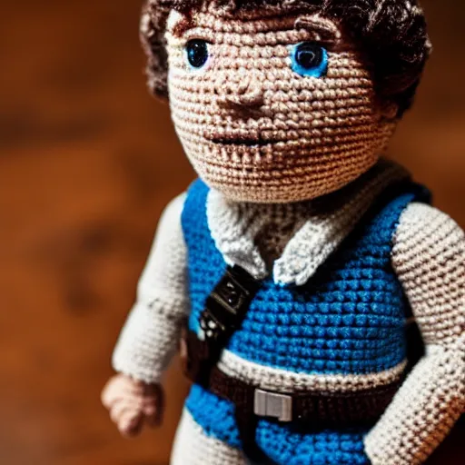 Prompt: a crochet of han solo, very detailed, complex, intricate,many detailes, realistic, Sigma 50mm f/1.4