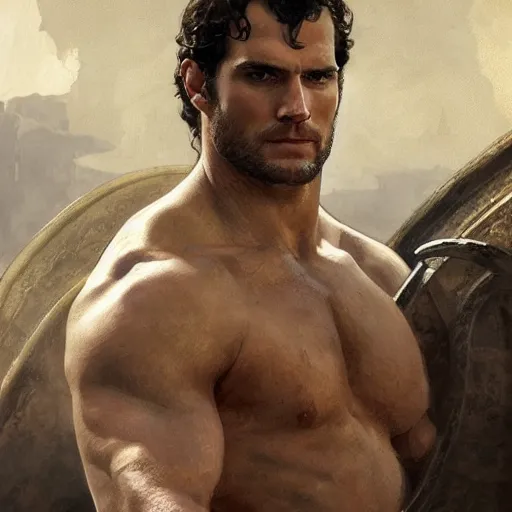 Image similar to henry cavill as a greek gladiator, gorgeous, amazing, muscular, intricate, highly detailed, digital painting, artstation, concept art, sharp focus, illustration, art by greg rutkowski and alphonse mucha