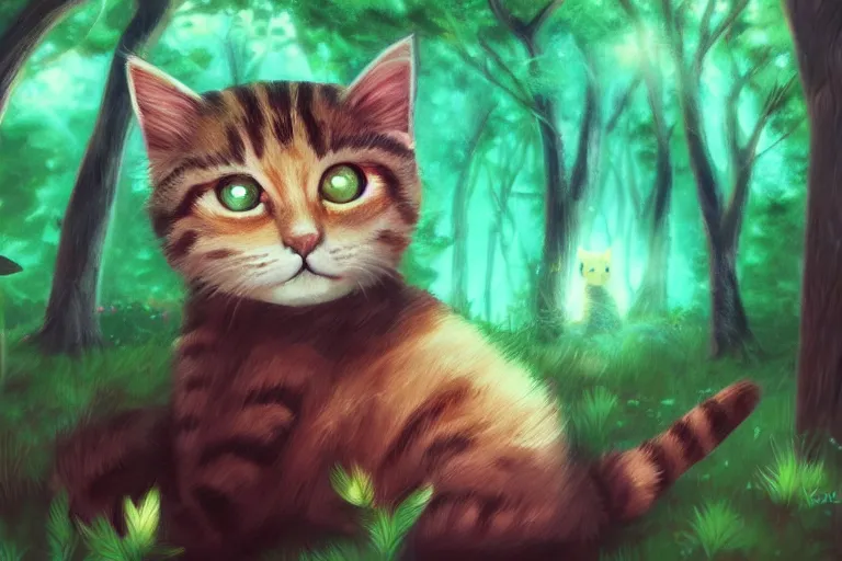 Prompt: cat in the forest, backlighting, digital art, trending on artstation, fanart, by kawacy