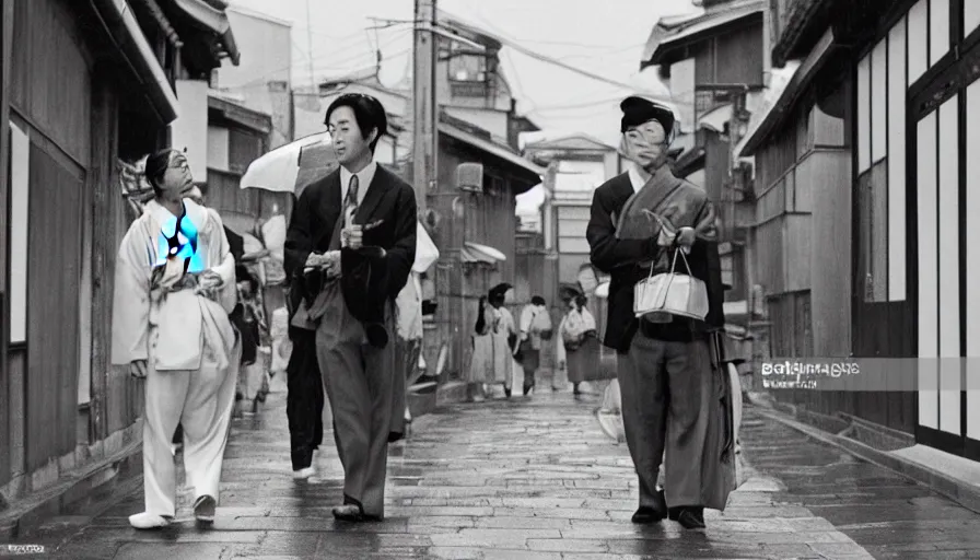 Image similar to mr. hulot lost in the streets of gion, inquiring directions from a geisha in old kyoto, cinematic 1 9 7 0, in the style. of wes anderson and jacques tati