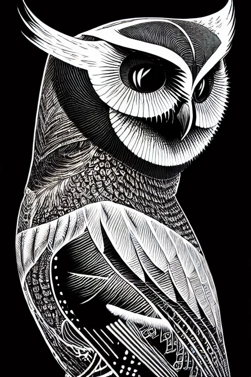 Prompt: side view of a majestic owl, high details, bold line art, by vincent di fate and joe fenton, inking, etching, screen print, masterpiece, trending on artstation, sharp, high contrast, hyper - detailed,, hd, 4 k, 8 k