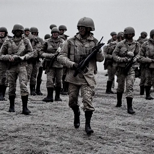 Image similar to 70s movie still of Donald Trump leading military troops, by Irving Penn , Cinestill 800t 35mm black and white, heavy grainy picture, very detailed, high quality, 4k, HD criterion, precise texture