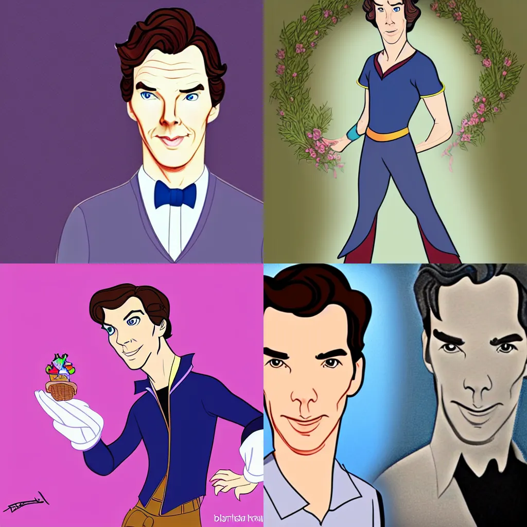 Prompt: benedict cumberbatch as a disney princess, cartoon style, cell shaded