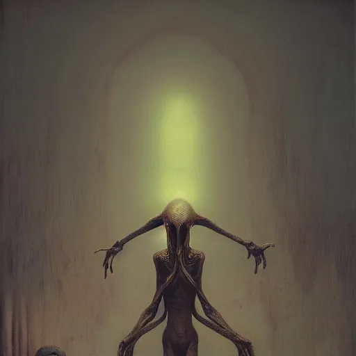 Prompt: demonic alien with long fingers at the foot of the bed in a dark room, beksinski, dariusz zawadzki, very coherent symmetrical artwork, cinematic, hyper realism, high detail, octane render, 8 k