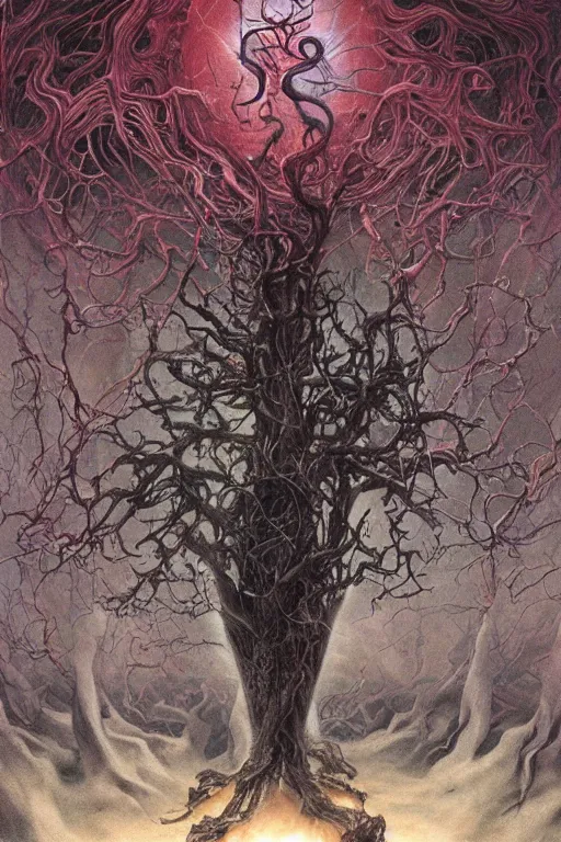 Image similar to cosmic horror eldritch lovecraftian the scarlet king of thorns by wayne barlowe, agostino arrivabene, denis forkas