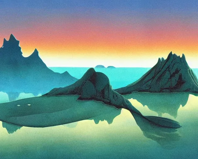 Image similar to roger dean 1 9 8 0 s art of distant mountains strange bizarre alien planet surface lakes reflective clear blue water, rainbow in sky, imagery, illustration art, album art