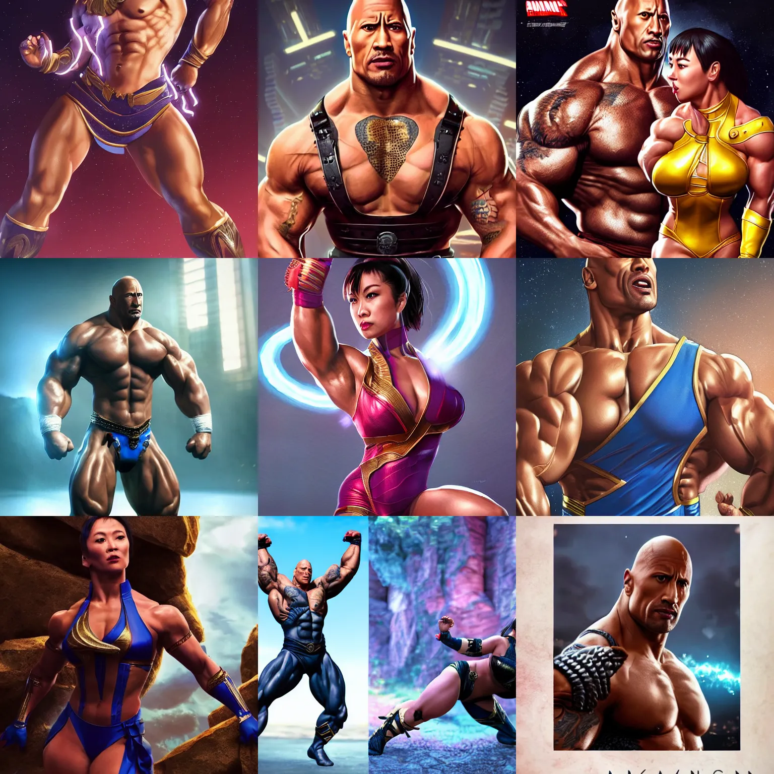 Prompt: dwayne johnson in tight woman chun li outfit with dwayne johnson face and dwayne johnson body, intricate, epic lighting, cinematic composition, hyper realistic, 8k resolution, unreal engine 5, by Artgerm, tooth wu, dan mumford, beeple, wlop, rossdraws, James Jean, Andrei Riabovitchev, Marc Simonetti, yoshitaka Amano, Artstation