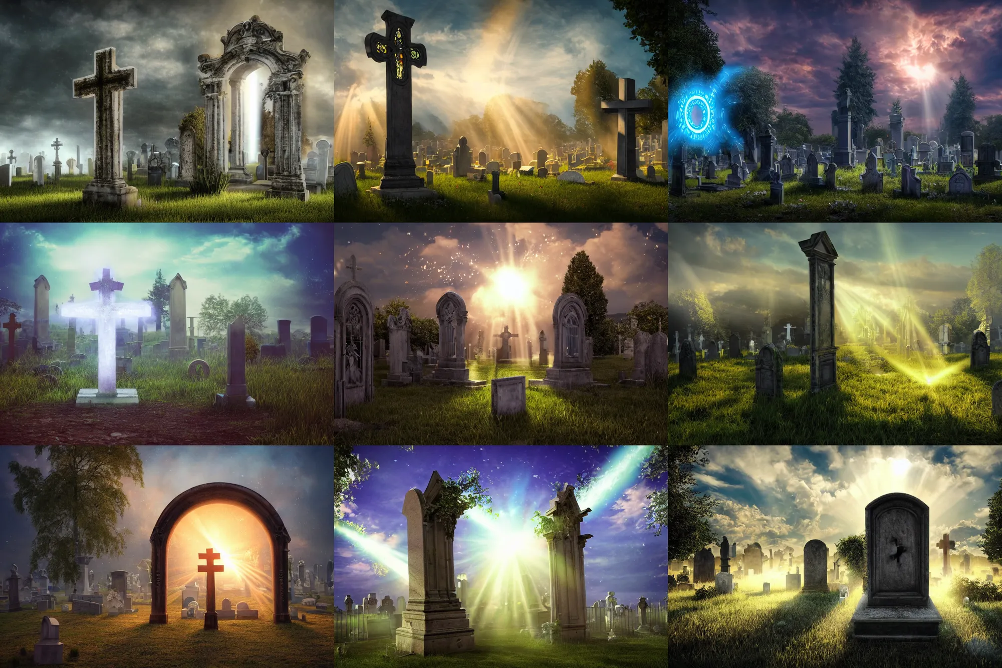 Prompt: photograph of a portal portal to bright heaven in a graveyard graveyard, graveyard statues, serene, crosses, cinematic, tyndall effect, sunlight, god rays, global illumination, hypermaximalist, detailed, landscape 4k, 8k, breathtaking stars, surrealism, distant, concept art, digital art, sharp focus, mystic hues, acid pixie, RTX, octane render, Trending on DeviantArt, by lee madgwick