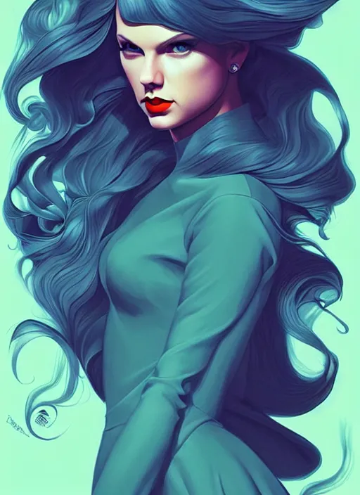 Image similar to style artgerm, joshua middleton, taylor swift with green dress, very long blue hair, swirling, symmetrical face, symmetrical eyes, lovecraftian western gunslinger, cinematic lighting