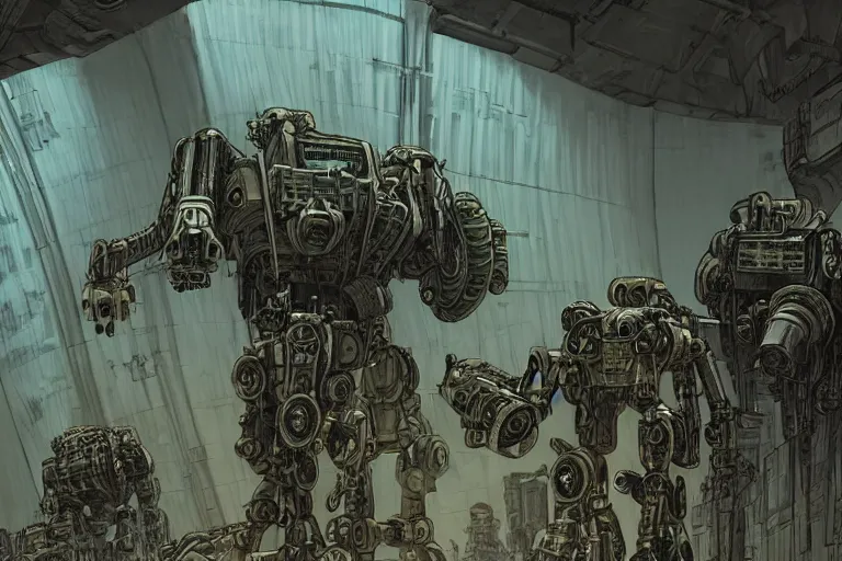 Image similar to dieselpunk mechs that look like Dragonfly, inside an gigantic underground concrete doom hangar, interior structure, drains, storm drains, jungle, vines, algea, cables, panels, walls, ceiling, floor, doors, brutalist architecture, intricate ink drawing, highly detailed in the style of Ashley Wood, moebius and Tsutomu Nihei, photorealistic, cinematic, intricate detail, well lit,