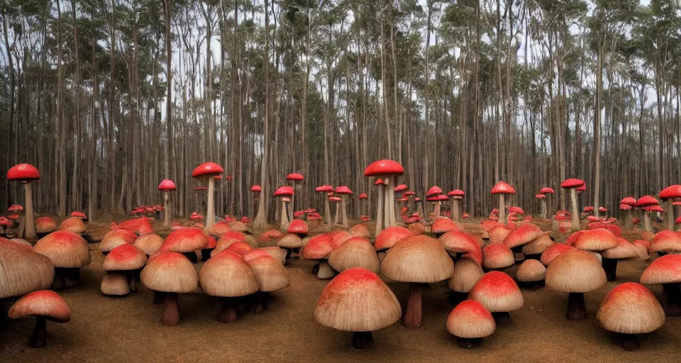 Prompt: A tribal village in a forest of giant mushrooms, by Wes Anderson,