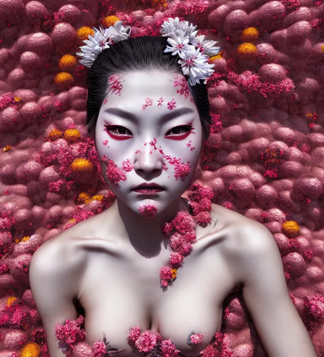 Image similar to baroque portrait of a geisha berserker designed by vitaly bulgarov who is lying down in a river made of thousand of flowers, photorealistic, octane render, 8 k, depth of field