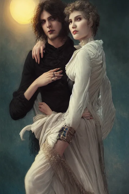 Image similar to a portrait of handsome young male rock star Satan and his elegant beautiful witch wife, bored, illustration, dramatic lighting, soft details, painting oil on canvas, art nouveau, octane render, HDR, 4k, 8k, HD, by Edmund Blair Leighton, Brom, Charlie Bowater, trending on artstation, faces by Tom Bagshaw, Sargent