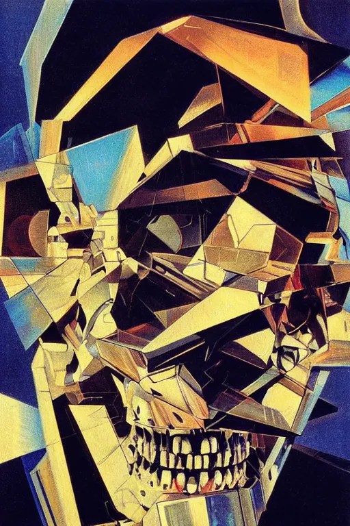 Image similar to wideangle, a portrait of a shattered skull, madness, decoherence, synthwave, glitch!!, fracture, realistic, hyperdetailed, concept art, golden hour, art by syd mead, cubism