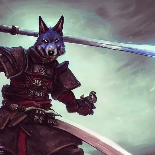 Image similar to anthropomorphic Azure samurai wolf, DnD character art portrait, fantasy battleground, raining, fire, oil painting, heroic pose, magic the gathering artwork, D&D, fantasy, cinematic lighting, centered, symmetrical, highly detailed, digital painting, artstation, concept art, smooth, sharp focus, illustration, volumetric lighting, epic Composition, 8k, art, DeviantArt, trending on Artstation, Jason Felix, Steve Argyle, Tyler Jacobson, Peter Mohrbacher, Akihiko Yoshida, Greg Rutkowski, Craig Mullins, Frank Frazetta, cinematic lighting