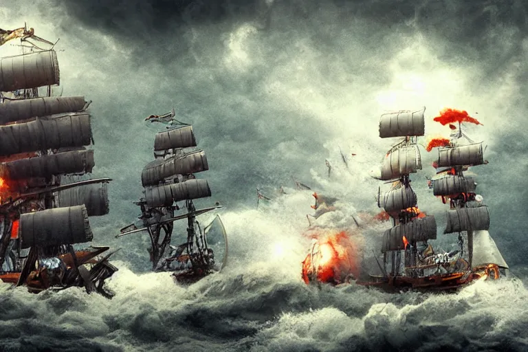 Image similar to epic pirate ship cannon battle in a storm, in the style of vernon grant and chris van allsburg, raging stormy sea, trending on artstation, bright tilt - shift camcorder effect, photoshop, retrowave, hyperrealism, octane, sharp focus, masterpiece