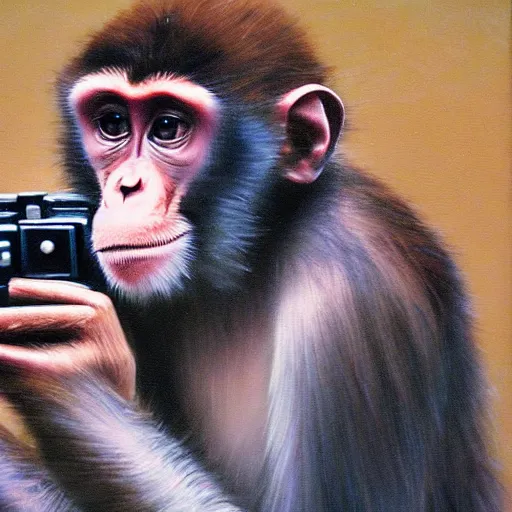 Prompt: Portrait of a monkey holding a camera, oil painting