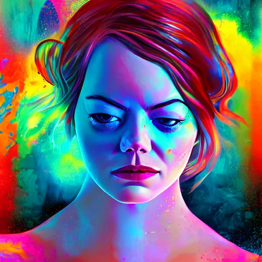 Image similar to Emma Stone with pistol swimming in chromatic distortions in misty mysterious astral temple, beautiful, dmt, trending on artstation, omnious, soft, artwork by Tran, Ross