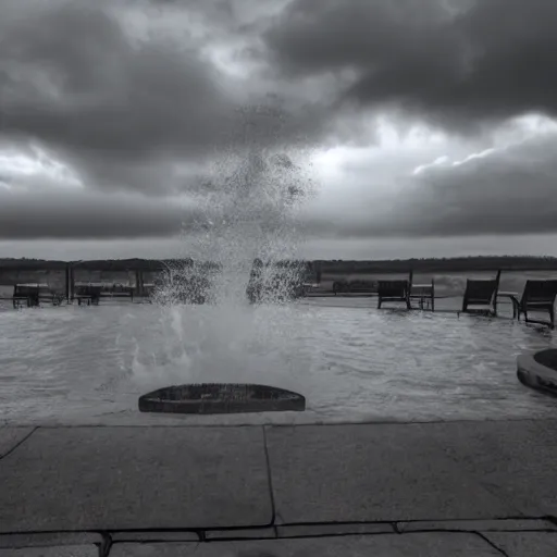 Image similar to a throne of water rising from a pool, overcast stormy skies