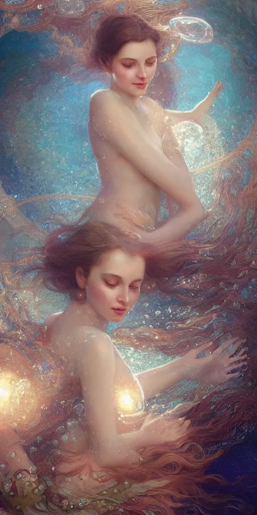 Prompt: hyper realist matte digital painting of a young beautiful woman, floating in water, bubbles rising, fantasy art, photo realistic, dynamic lighting, artstation, volumetric lighting, by mucha, by charlie bowater, by karol bak, by alma tadema