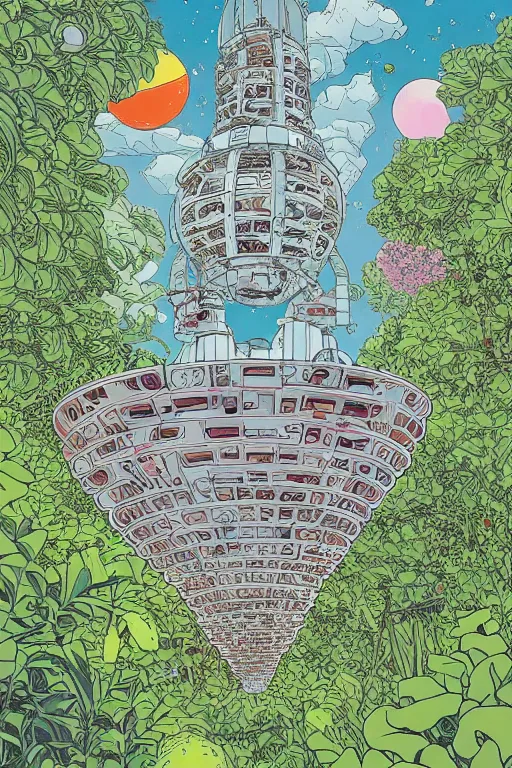 Prompt: multi level botanical garden spaceship floating in space, calm, tranquil, faded effect, detailed, vaporwave colors, by geof darrow, geof darrow art,