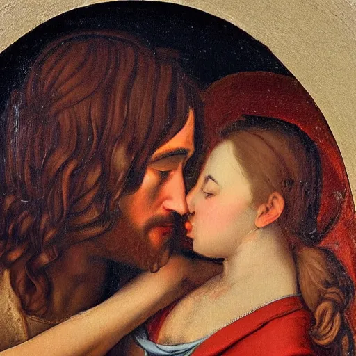 Image similar to an oil panting of a jesus kissing maria maddalena