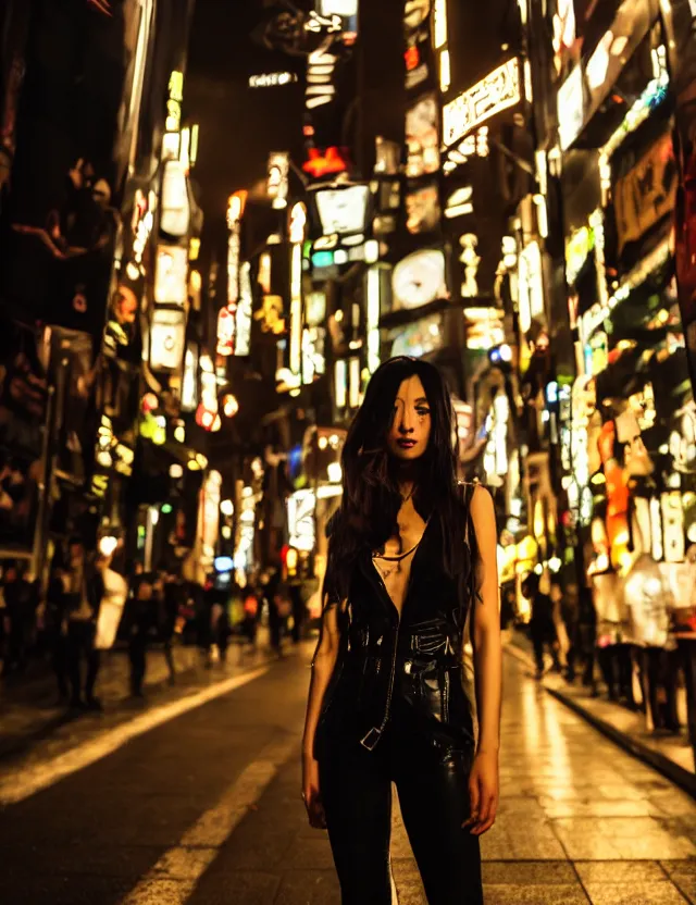 Image similar to portrait shot of a dark hair girl dressed by rick owens walking through shibuya lit by neons, night time, cinematic lights, annie leibovitz, 4k, highly detailed, glows, reflections, red leds, smoke, shallow depth of field, sigma 85mm 1.4