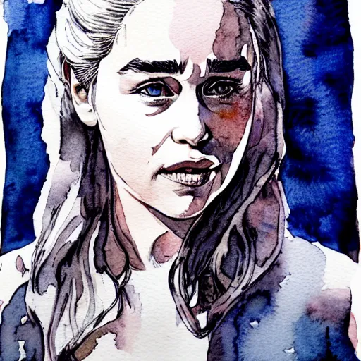 Prompt: portrait of emilia clarke by francis picabla, pen and watercolor wash on cardboard