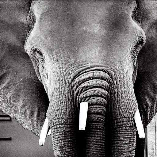 Prompt: photo of elephant staying in the empty office, black & white by annie leibovitz