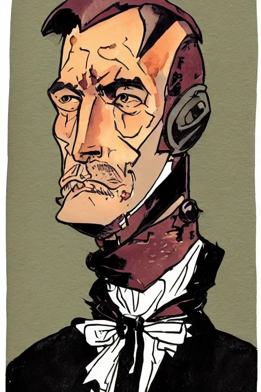 Image similar to zoomed out portrait of a duke, stylized illustration by mike mignola and moebius, watercolor gouache detailed paintings, dieselpunk, artstation