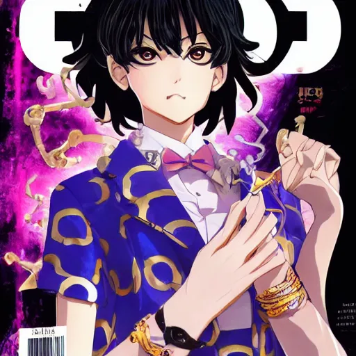 Image similar to Magazine Cover Anime key visual of a Gucci girl; official media; typography; drawn by Hirohiko Araki; Jojo's Bizarre Adventure; Jojolion, portrait, made by Stanley Artgerm Lau, WLOP, Rossdraws, James Jean, Andrei Riabovitchev, Marc Simonetti, Yoshitaka Amano, ArtStation