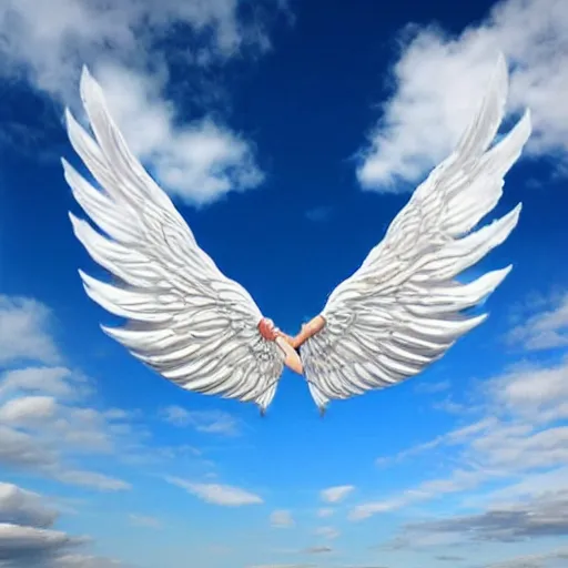 Image similar to bright blu sky. fluffy clouds. angels with big wings wake - up