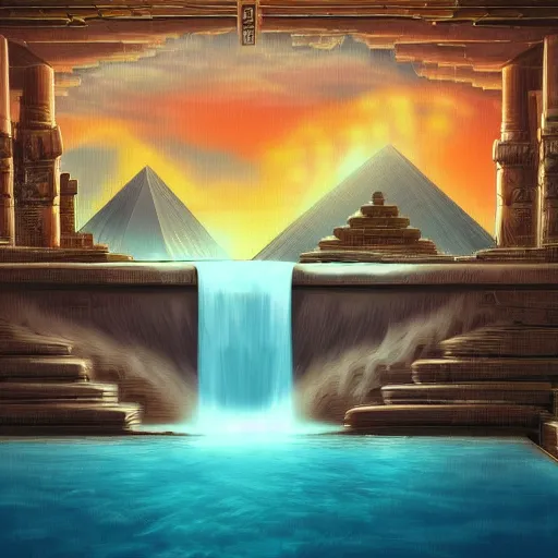 Image similar to old egyptian structures with waterfalls, epic retrowave art, trending on art station