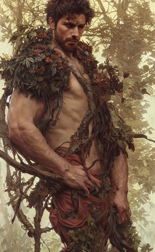 Image similar to god of the forest, 3 0 years old, rugged, handsome, male, detailed face, clean lines, atmospheric lighting, amazing, full body, flowers, muscular, intricate, highly detailed, digital painting, artstation, concept art, sharp focus, illustration, art by greg rutkowski and alphonse mucha