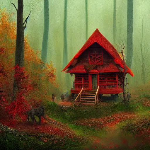 Image similar to baba-yaga house forest in an autumn forest, green and red tones, by Aron Wiesenfeld and beksincki, cinematic, detailed illustration, nature, fog, dark colors, suspense, intricate, 8k