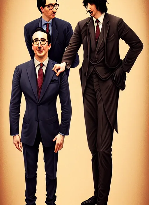 Image similar to photo boothainting of both john oliver and adam driver together, john oliver in front, full body, elegant, beautiful, highly detailed, centered, dark, smokey, digital painting, concept art, smooth, sharp focus, illustration, deviant art, art by artgerm, art by greg rutkowski, art by alphonse mucha