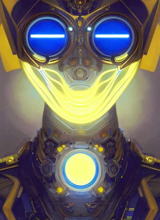 Image similar to symmetry!! portrait of a robot with big eyes, sci - fi, tech wear, blue and yellow glowing lights!! intricate, elegant, highly detailed, digital painting, artstation, concept art, smooth, sharp focus, illustration, art by artgerm and greg rutkowski and alphonse mucha