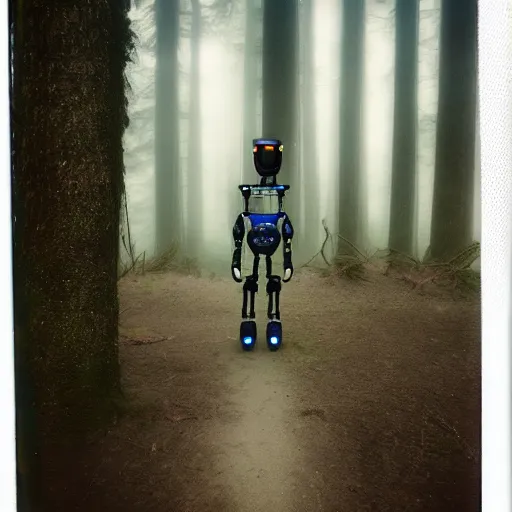 Image similar to Humanoid robot, sleek robot, advanced robot, walking through misty forest, Pacific Northwest, Polaroid