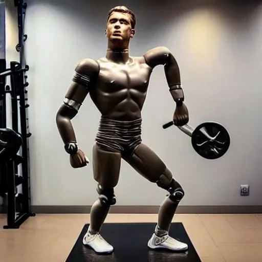 Prompt: “ a realistic detailed photo of a guy who is an attractive humanoid who is half robot and half humanoid, who is a male android, football player christian mccaffrey, shiny skin, posing like a statue, blank stare, at the gym, on display ”