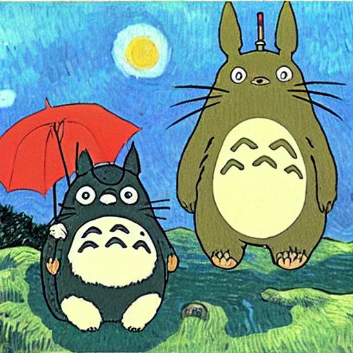 Image similar to studio ghibli's my neighbor totoro, by van gogh