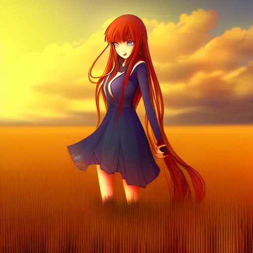 Image similar to digital illustration of Holo from Spice and Wolf standing in a wheat field at sunset, Holo is a wolf girl, high detail, trending on pixiv