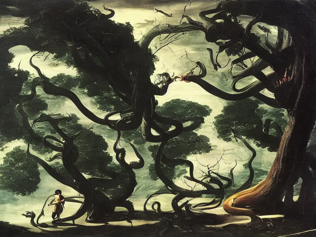 Image similar to Strange man fighting a giant snake. The tree-like animals of Andromeda. Surreal, melancholic, serene, torrential rain. Painting by Caravaggio, Caspar David Friedrich, Roger Dean