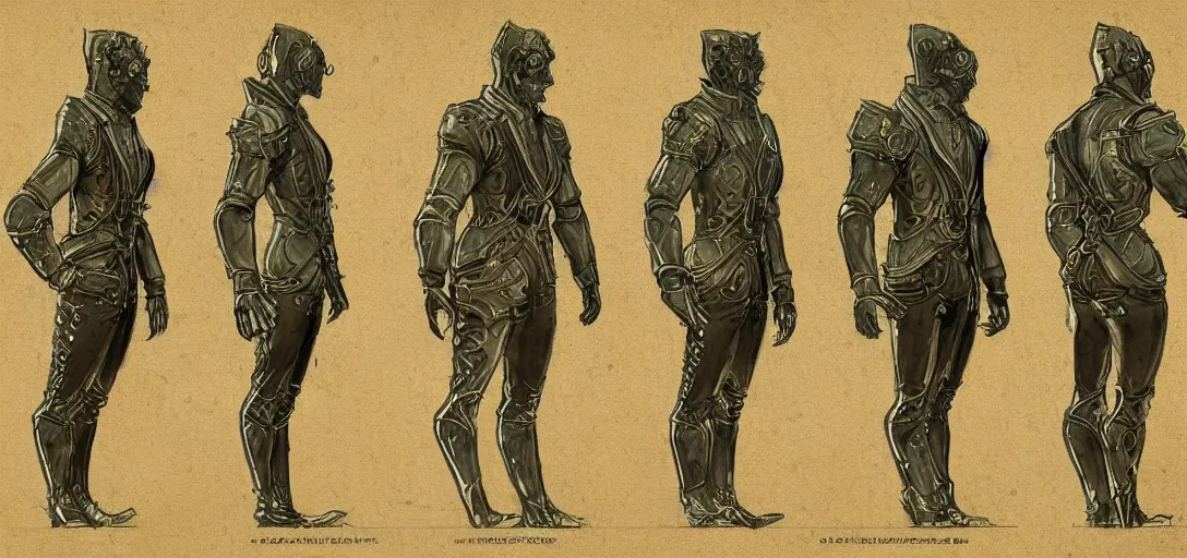 Image similar to blueprints for bioshock character, concept art, blueprint,