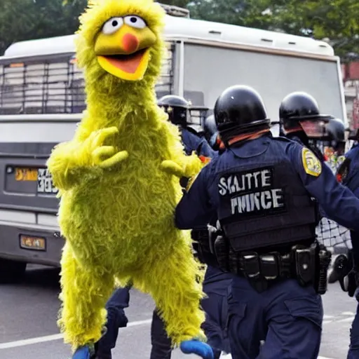 Image similar to a photo of big bird from Sesame Street being arrested at a riot