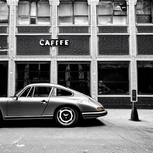 Prompt: An old porsche parked in front of a cafe in NYC, vintage photo, cinematic, black and white, close-up