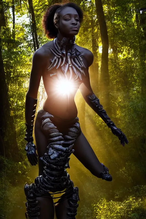 Image similar to hyperrealistic gorgeous black woman highly detailed exoskeleton bone armor in a forest sun behind her god rays concept art eric zener elson peter dramatic light low angle hd 8k sharp focus