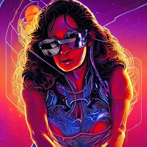 Image similar to fantastic detailed 3 d painting of tia carrere as a cyber sorceress, color scheme, by moebius by vanessa lemen by paul lehr by dan mumford