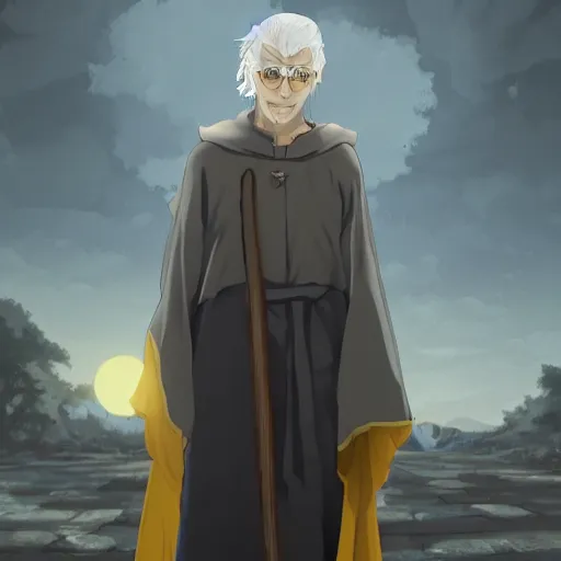 Image similar to a white haired man with yellow eyes, wearing a cultist robe, medieval background, highly detailed, digital painting, artstation, matte, by makoto shinkai, animation style, studio ghibli, anime key visual